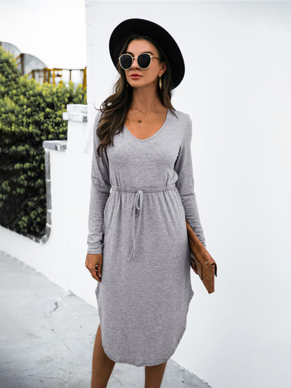 V-Neck Long Sleeve Tie Slit Midi Dress