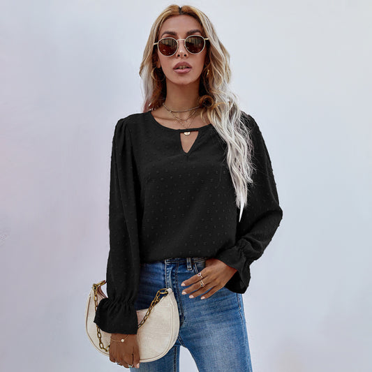 Women's Jacquard Polka Dot Long Sleeve Blouse