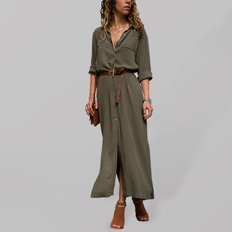 Solid Color Long Sleeve Shirt Dress – Relaxed Fit with Lapel Collar