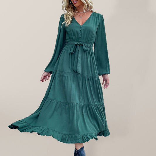 Woven V-Neck Pleated Midi Dress – Romantic High Waist with Lantern Sleeves