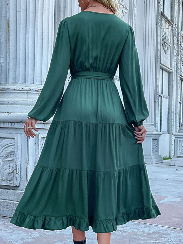 Woven V-Neck Pleated Midi Dress – Romantic High Waist with Lantern Sleeves