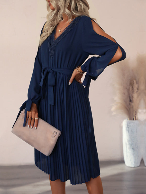 V-Neck Hollow-Out Midi Dress with Lantern Sleeves – Purplish Blue Navy