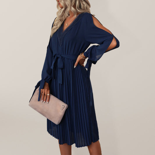 V-Neck Hollow-Out Midi Dress with Lantern Sleeves – Purplish Blue Navy