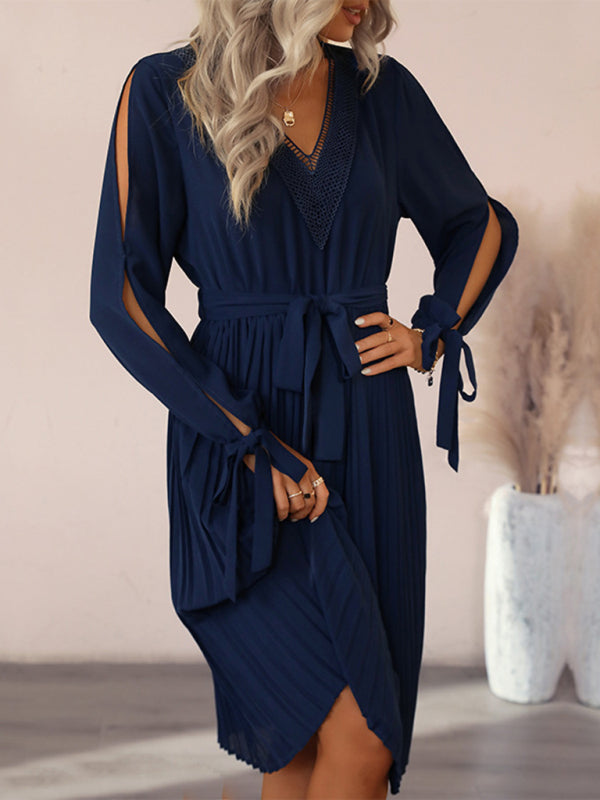V-Neck Hollow-Out Midi Dress with Lantern Sleeves – Purplish Blue Navy