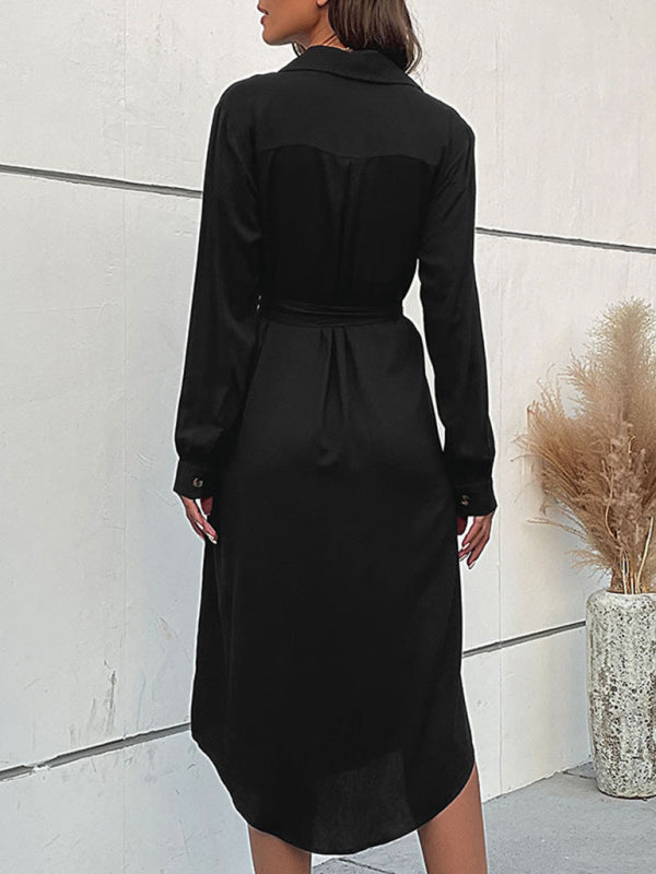 Woven Lapel Shirt Dress – High-Waisted & Long Sleeve Spring Midi