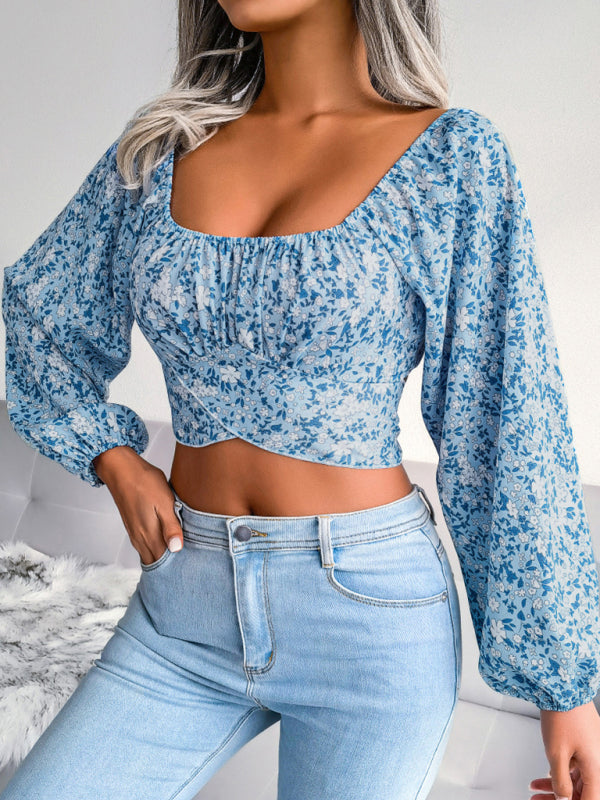 Floral Chiffon Crop Top with Bow & Lantern Sleeves