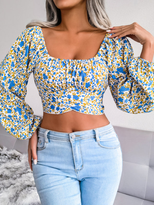 Floral Chiffon Crop Top with Bow & Lantern Sleeves