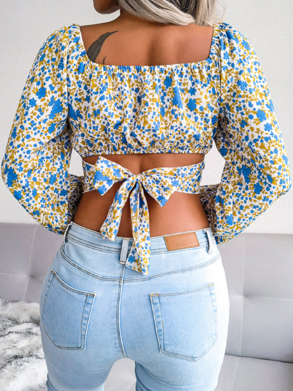 Floral Chiffon Crop Top with Bow & Lantern Sleeves