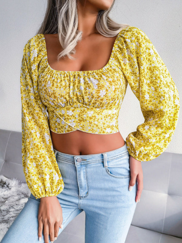Floral Chiffon Crop Top with Bow & Lantern Sleeves