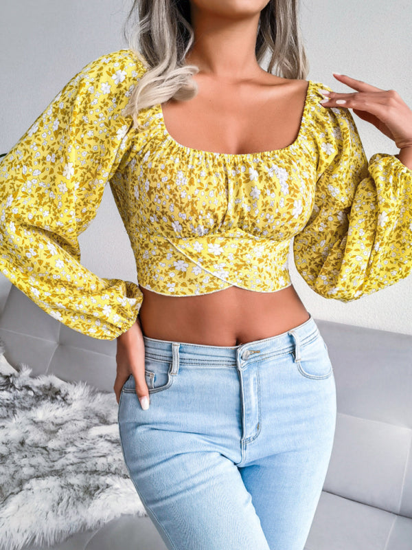 Floral Chiffon Crop Top with Bow & Lantern Sleeves