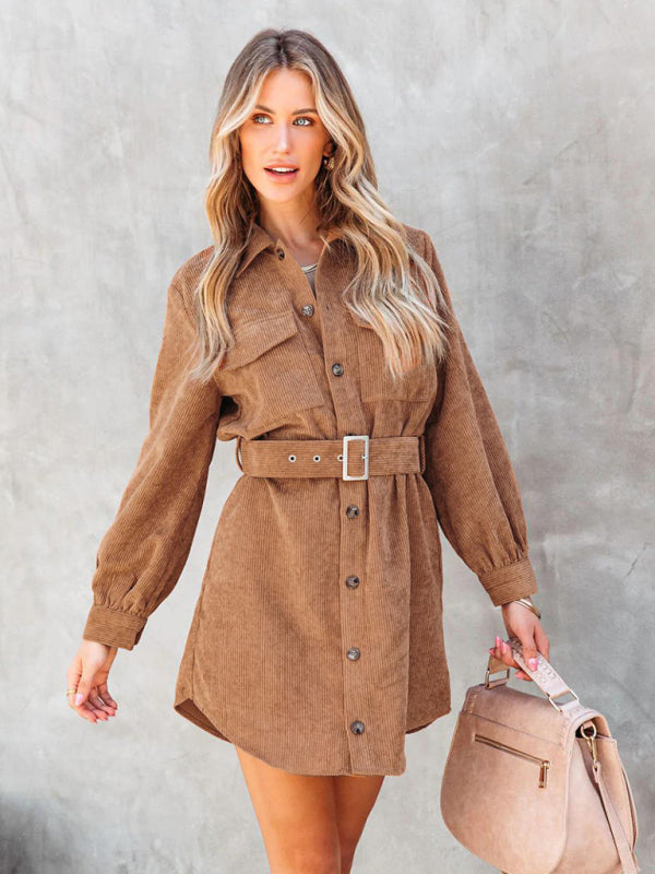 Corduroy Tie Waist Shirt Dress – Solid Color, Flap Pockets & Lapel Collar