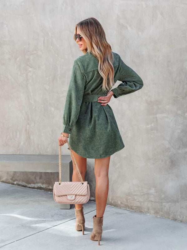 Corduroy Tie Waist Shirt Dress – Solid Color, Flap Pockets & Lapel Collar