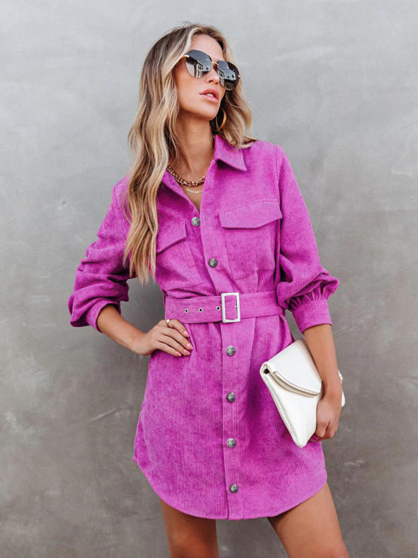 Corduroy Tie Waist Shirt Dress – Solid Color, Flap Pockets & Lapel Collar