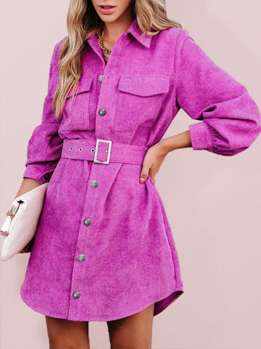 Corduroy Tie Waist Shirt Dress – Solid Color, Flap Pockets & Lapel Collar