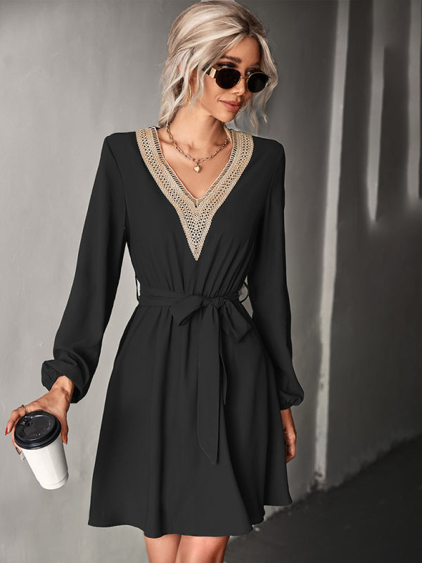 Elegant V-Neck Lace Long Sleeve Slim Dress – Classic Year-Round Fit