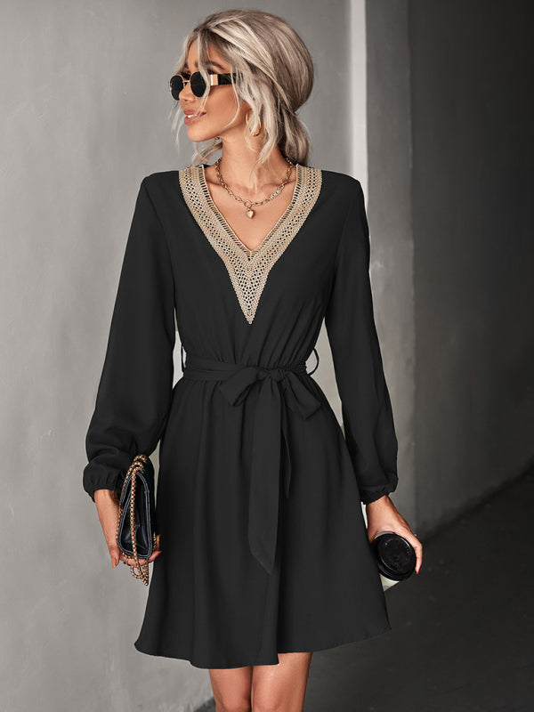 Elegant V-Neck Lace Long Sleeve Slim Dress – Classic Year-Round Fit