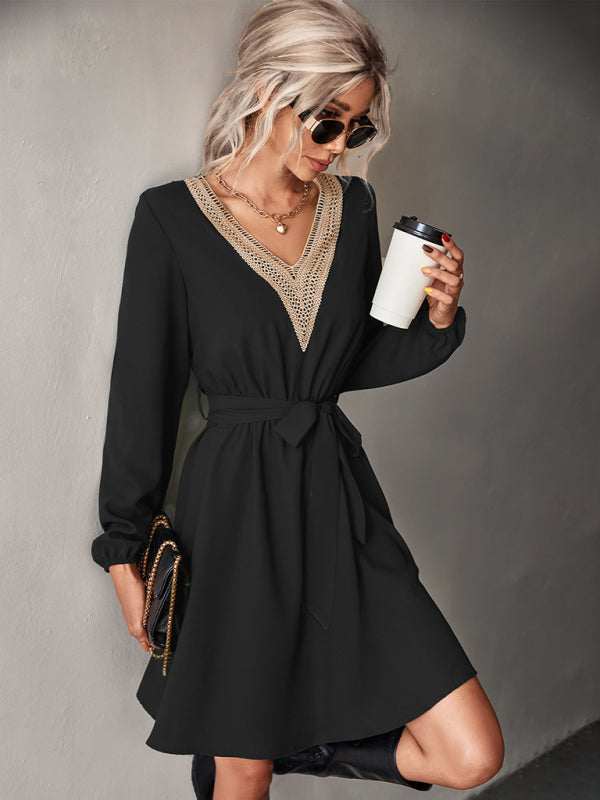 Elegant V-Neck Lace Long Sleeve Slim Dress – Classic Year-Round Fit