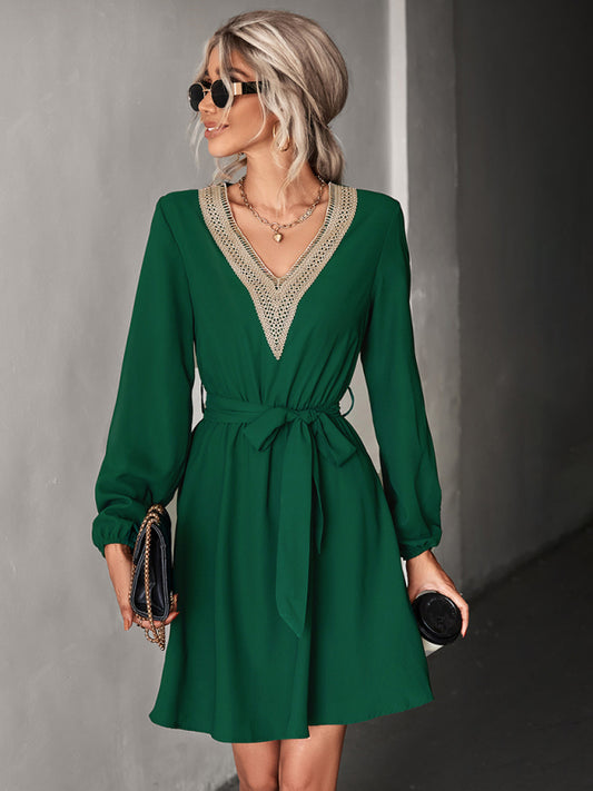 Elegant V-Neck Lace Long Sleeve Slim Dress – Classic Year-Round Fit