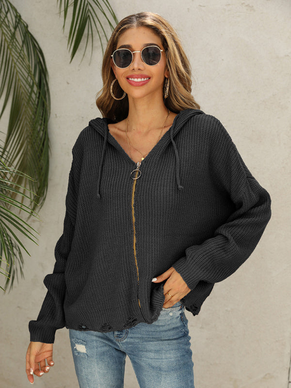 Hooded Knit Cardigan Sweater with Distressed Detail