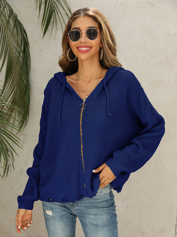 Hooded Knit Cardigan Sweater with Distressed Detail Purplish blue navy