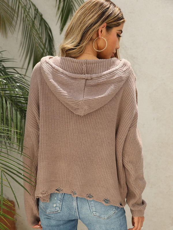 Hooded Knit Cardigan Sweater with Distressed Detail