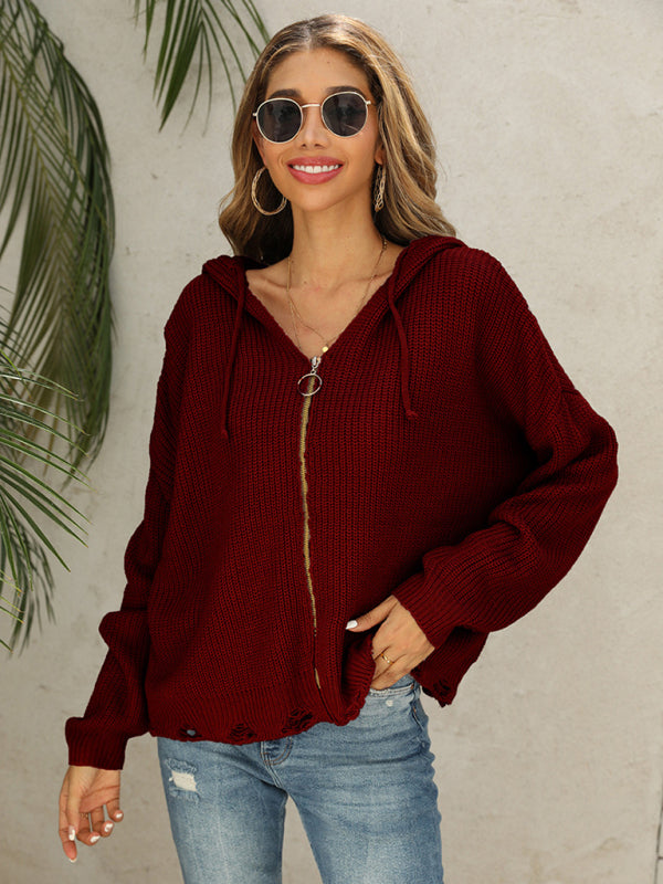 Hooded Knit Cardigan Sweater with Distressed Detail Red