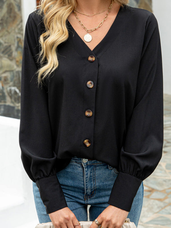 Women's Deep V-Neck Chiffon Button Shirt