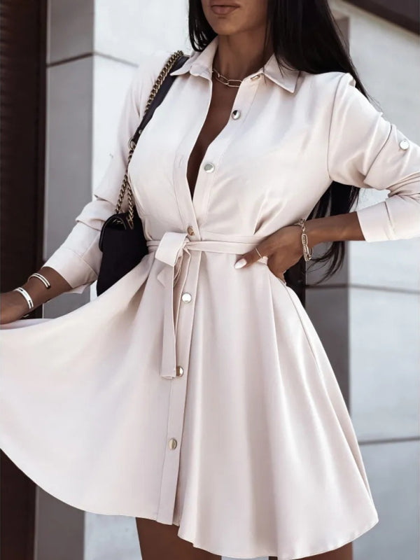 Solid Lapel Button Tie Midi Dress – Long Sleeve, High-Waist Silhouette