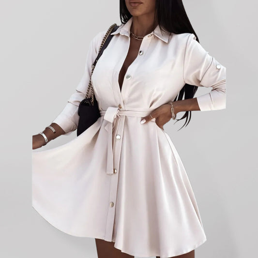 Solid Lapel Button Tie Midi Dress – Long Sleeve, High-Waist Silhouette