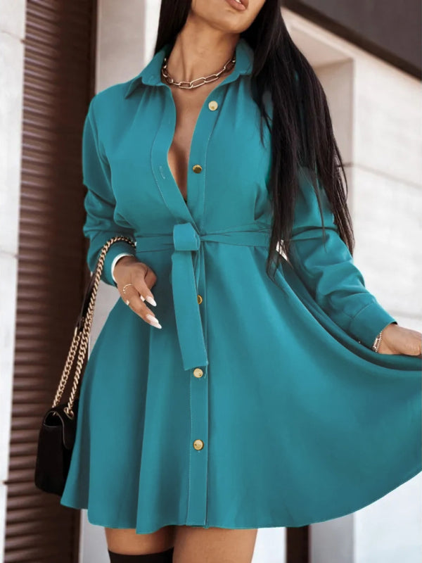 Solid Lapel Button Tie Midi Dress – Long Sleeve, High-Waist Silhouette