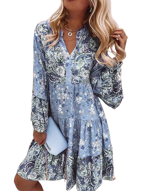 Boho V-Neck Floral Mosaic Mini Dress – Cropped Sleeves & Layered Skirt