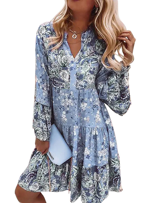 Boho V-Neck Floral Mosaic Mini Dress – Cropped Sleeves & Layered Skirt