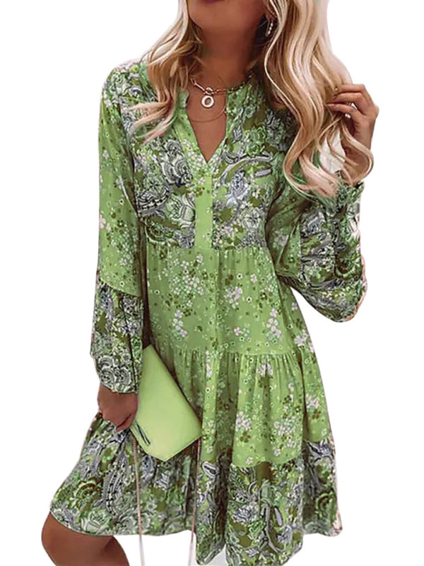 Boho V-Neck Floral Mosaic Mini Dress – Cropped Sleeves & Layered Skirt