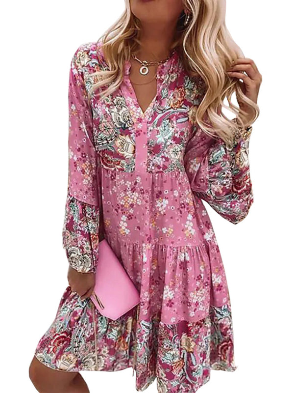 Boho V-Neck Floral Mosaic Mini Dress – Cropped Sleeves & Layered Skirt