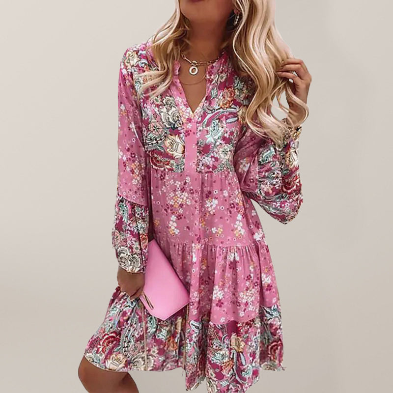 Boho V-Neck Floral Mosaic Mini Dress – Cropped Sleeves & Layered Skirt