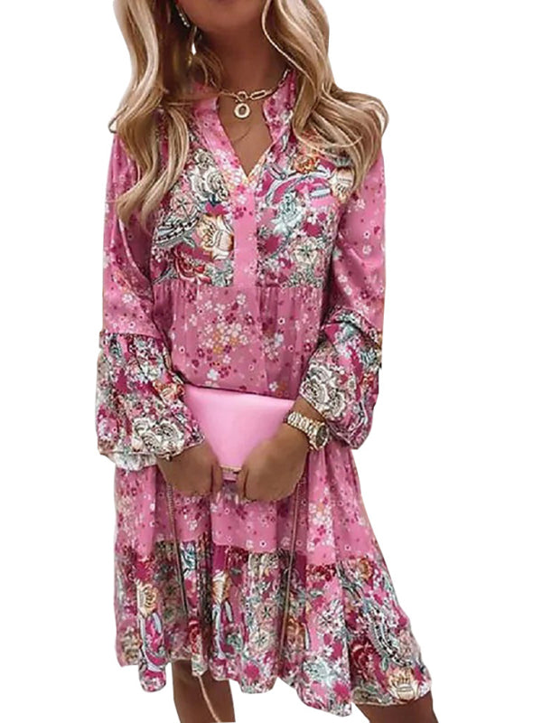 Boho V-Neck Floral Mosaic Mini Dress – Cropped Sleeves & Layered Skirt