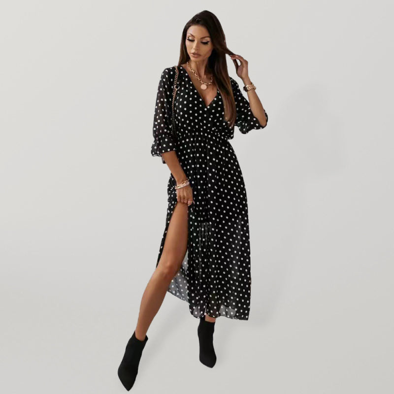 Floral V-Neck Chiffon Dress – Half Sleeves, Wrinkle-Resistant, Spring-Summer Fit