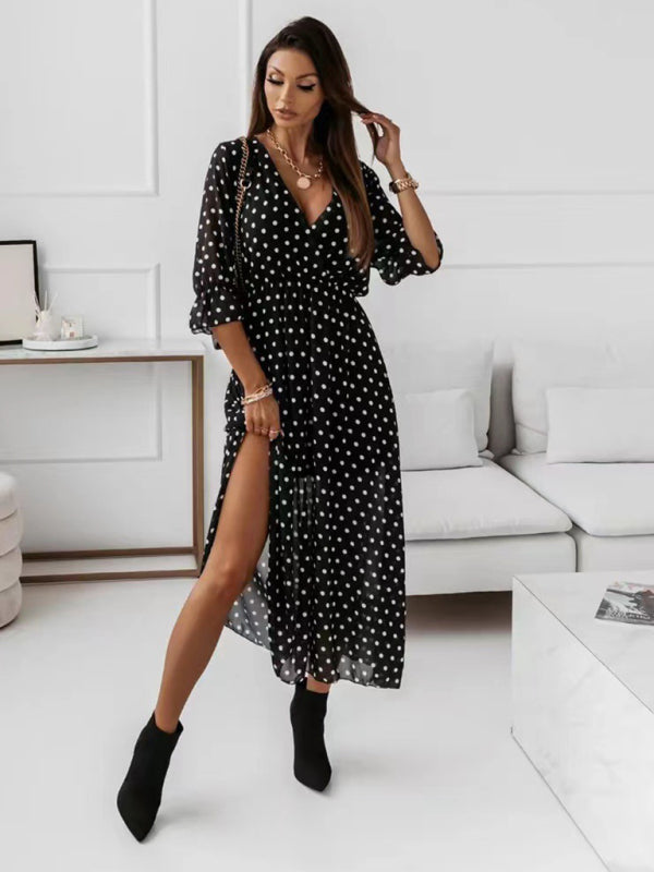 Floral V-Neck Chiffon Dress – Half Sleeves, Wrinkle-Resistant, Spring-Summer Fit