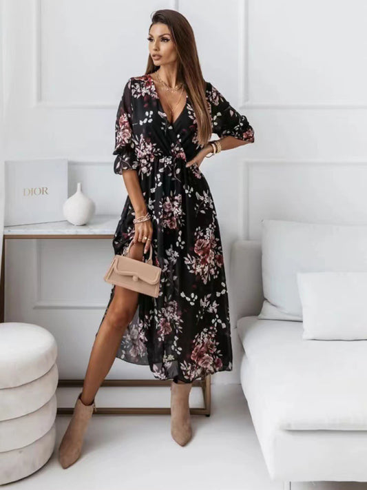 Floral V-Neck Chiffon Dress – Half Sleeves, Wrinkle-Resistant, Spring-Summer Fit