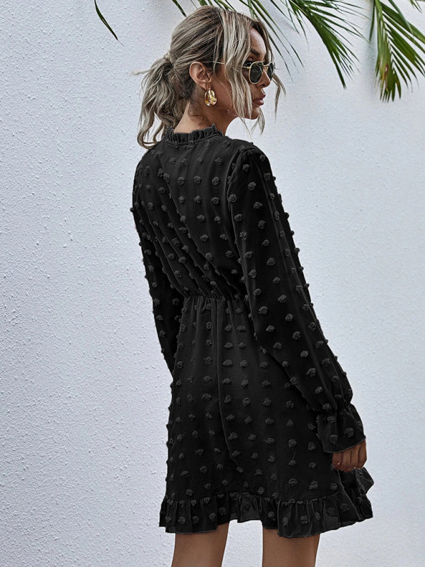 Polka Dot Jacquard Long Sleeve Midi Dress – High-Waist, Wrinkle-Resistant Elegance