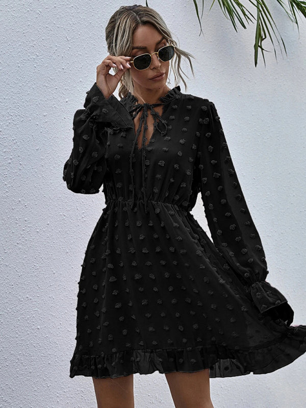Polka Dot Jacquard Long Sleeve Midi Dress – High-Waist, Wrinkle-Resistant Elegance