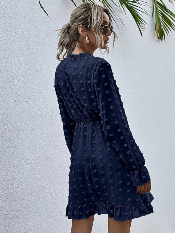 Polka Dot Jacquard Long Sleeve Midi Dress – High-Waist, Wrinkle-Resistant Elegance