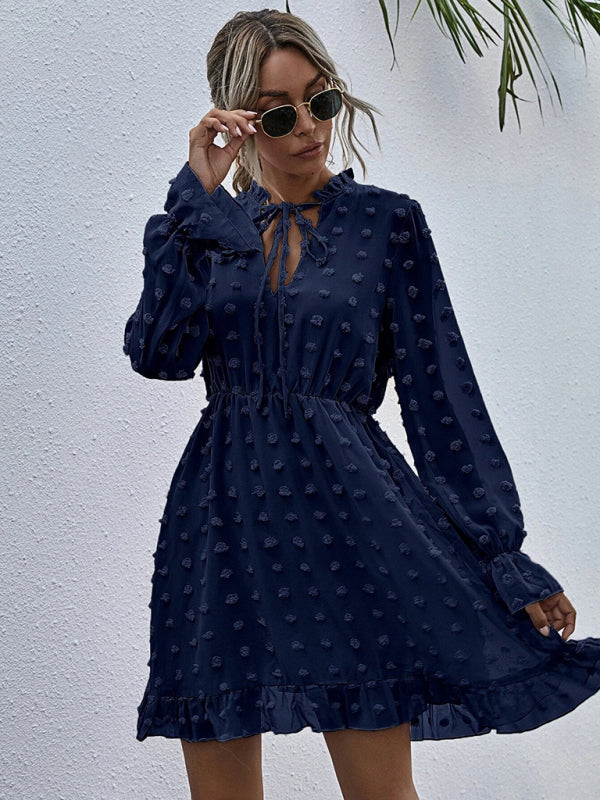 Polka Dot Jacquard Long Sleeve Midi Dress – High-Waist, Wrinkle-Resistant Elegance
