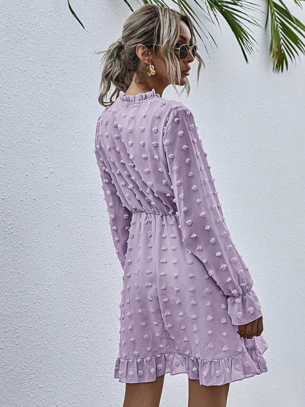 Polka Dot Jacquard Long Sleeve Midi Dress – High-Waist, Wrinkle-Resistant Elegance