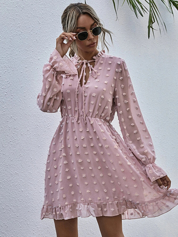 Polka Dot Jacquard Long Sleeve Midi Dress – High-Waist, Wrinkle-Resistant Elegance
