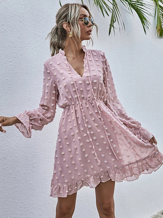 Polka Dot Jacquard Long Sleeve Midi Dress – High-Waist, Wrinkle-Resistant Elegance
