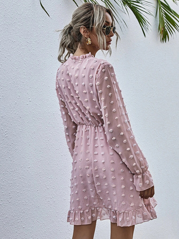 Polka Dot Jacquard Long Sleeve Midi Dress – High-Waist, Wrinkle-Resistant Elegance