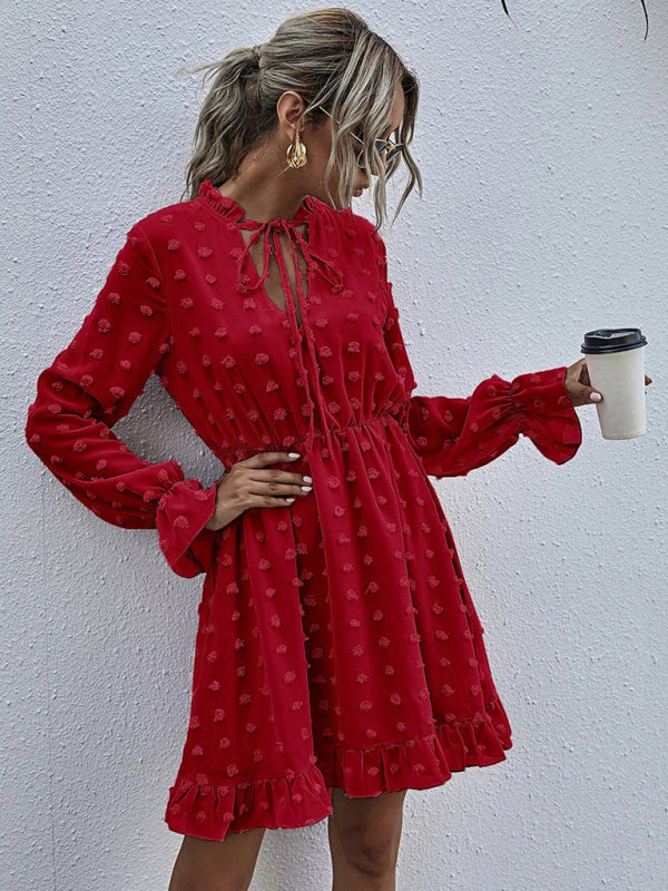Polka Dot Jacquard Long Sleeve Midi Dress – High-Waist, Wrinkle-Resistant Elegance
