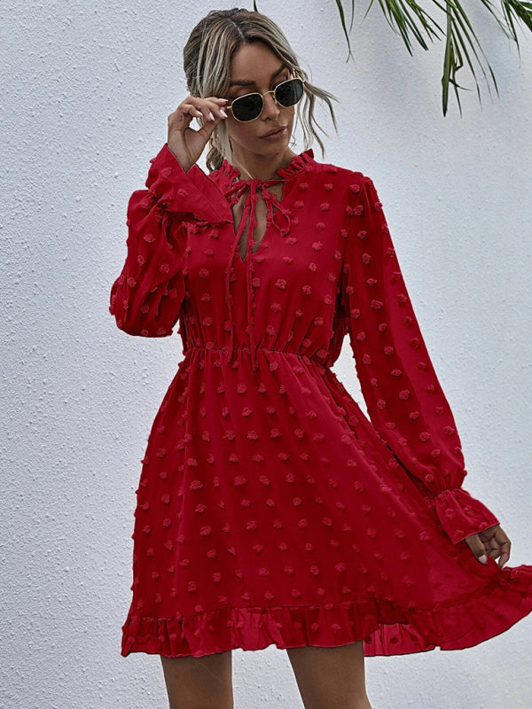 Polka Dot Jacquard Long Sleeve Midi Dress – High-Waist, Wrinkle-Resistant Elegance