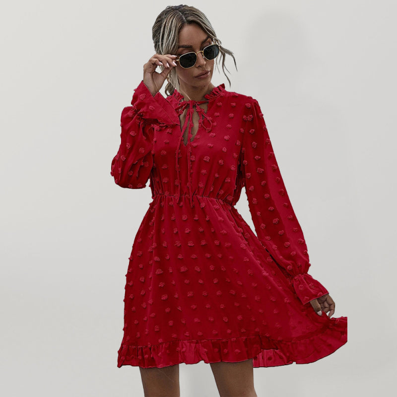 Polka Dot Jacquard Long Sleeve Midi Dress – High-Waist, Wrinkle-Resistant Elegance